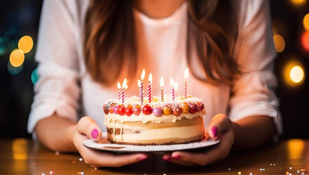 Birthday cake with candles in female handの素材