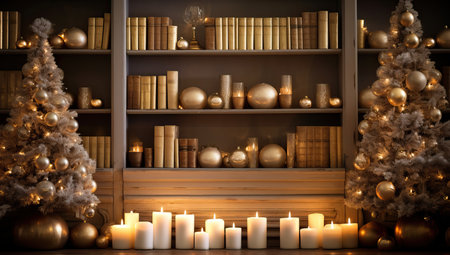 Composition with christmas tree, candles and bookshelves.の素材