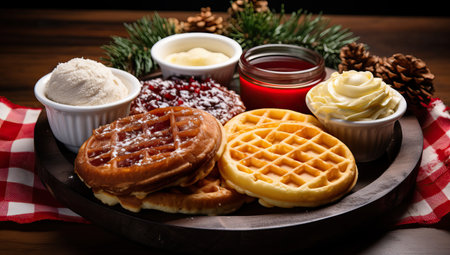 waffles with ice cream, jam and butter on wooden backgroundの素材