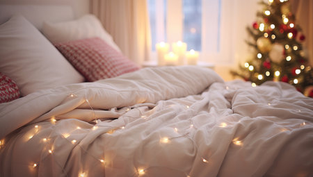 Comfortable bed with Christmas lights in roomの素材