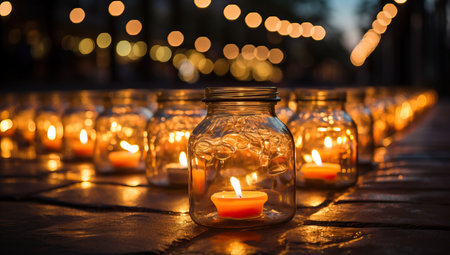 Candle light in glass jar on wooden floor with bokeh backgroundの素材