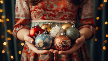 Little girl holding Christmas balls on bokeh backgroundの素材