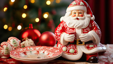 Santa Claus figurine with plate and christmas baubles.の素材