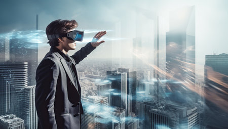 Young businessman wearing virtual reality goggles over cityscape background.の素材