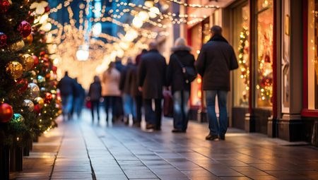 Blurred people walking on the street at Christmas time.の素材