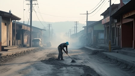 Workers are cleaning the road in the morningの素材