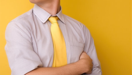 Businessman in white shirt and yellow tie on yellow background.の素材