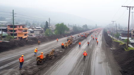 Workers on a road construction site in the foggy morning.の素材