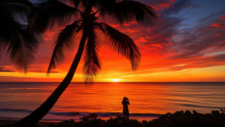 Silhouette of a woman at sunset on a tropical beach.の素材