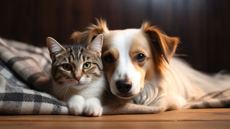 Portrait of a dog and a cat lying on a wooden floorの素材
