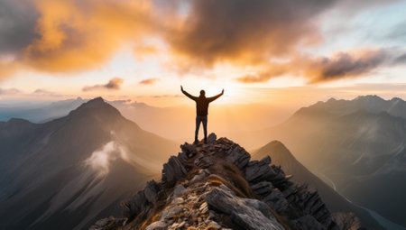 Man standing on top of a mountain and raising his hands up.の素材