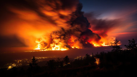 Big fire in the forest at sunset. Natural disaster.の素材