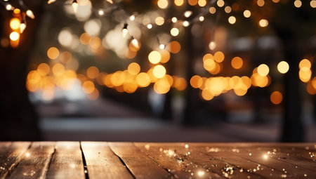 Wooden table in front of blurred background with bokeh lightsの素材