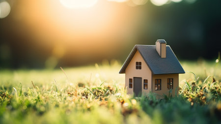 Miniature house on green grass with sunset light. Real estate conceptの素材