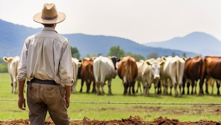 Farmer with cows on the farm in the countryside.の素材
