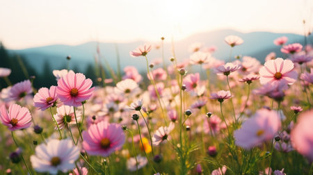 Cosmos flowers blooming in the meadowの素材