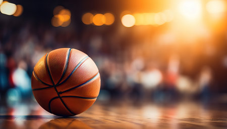 Basketball ball on the floor of a basketball court with blurred backgroundの素材