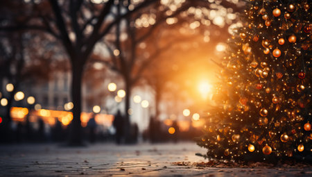 Christmas tree in the city at sunsetの素材