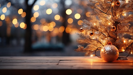 Christmas background with wooden table, bokeh lights and Christmas treeの素材
