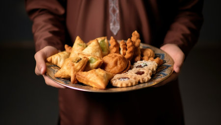 A man holding a plate of cookies in her hands.の素材