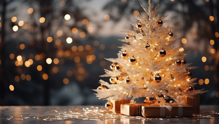 Christmas tree and gifts on wooden table with bokeh background.の素材