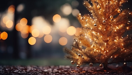 Christmas and New Year background with golden pine tree and bokeh lightsの素材
