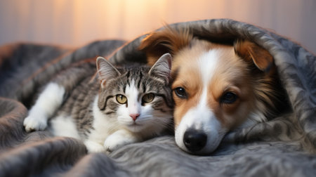 Cute cat and dog lying together on bed at home. Pet care conceptの素材
