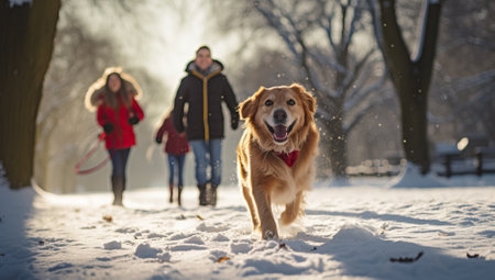 Couple walking with a golden retriever dog in winter park.の素材