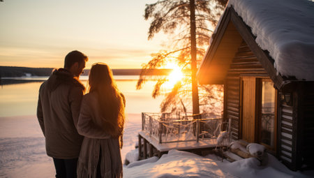 Couple in love looking at the sunset on the lake in winterの素材