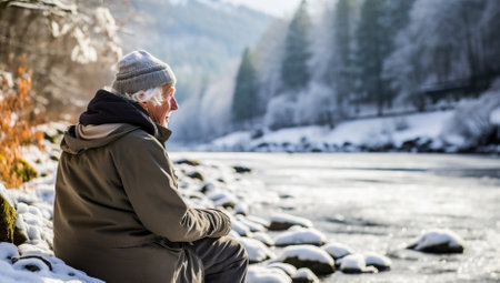 Senior man sitting on the bank of a frozen mountain river in winterの素材