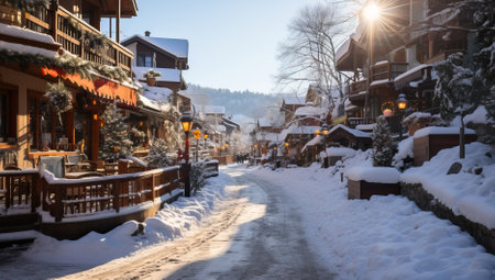Snowy street in the old townの素材