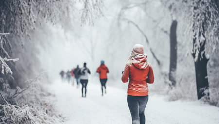 Woman running in winter forest. Female runner jogging in snowy forest.の素材