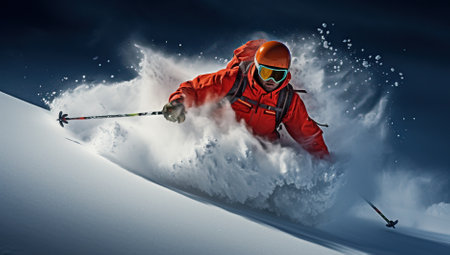 Skier in red helmet and goggles skiing downhill.の素材