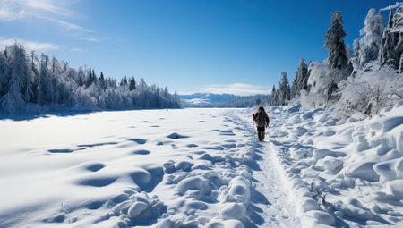 Woman walking on snow-covered lake in winter. Beautiful winter landscape.の素材