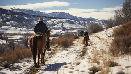 Horse riding in the mountains. Winter landscape with horses and a manの素材