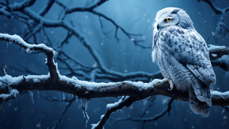 Snowy owl sitting on a branch in the winter forest.の素材