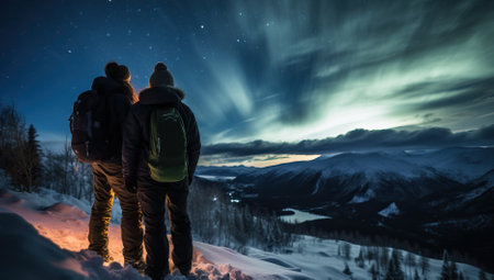 Couple in winter mountains at night with aurora borealis.の素材