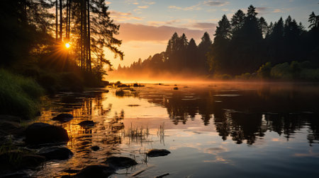 Foggy morning on the river in the forest. Beautiful landscapeの素材