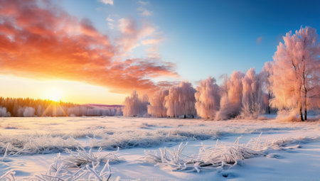 Winter landscape with frozen trees and snow in the foreground. Colorful sunsetの素材