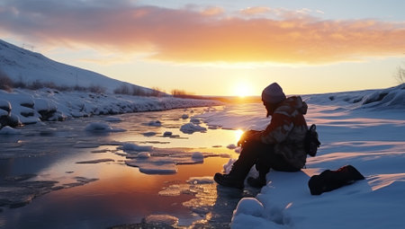 A man sits on the bank of a frozen river and looks at the sunsetの素材