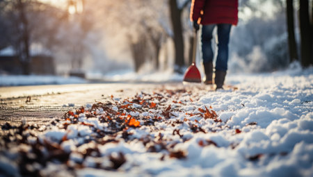 Woman walking in winter park with snow and falling leavesの素材