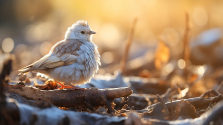 White bird on the ground in the winter forest. Wildlife scene from nature.の素材