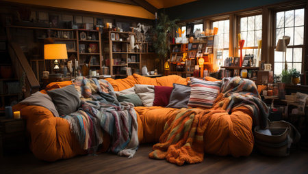 Interior of cozy living room with sofa, pillows and blanketの素材