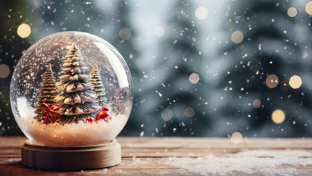 Snow globe with christmas tree and snowflakes on wooden backgroundの素材