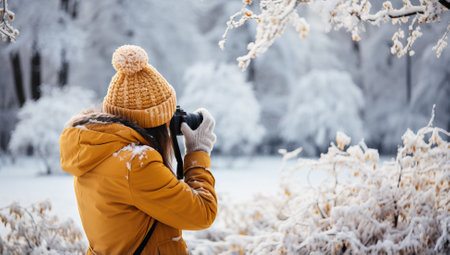 Female photographer taking picture of beautiful winter forest landscape with snow covered trees.の素材