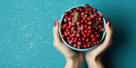 Frozen viburnum berries in a bowl in hands on a blue backgroundの素材