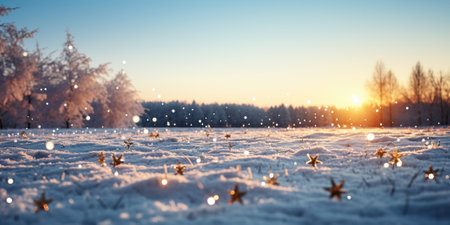 Snowy winter landscape with snowflakes and trees at sunset.の素材