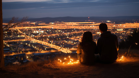 Young couple sitting on the edge of a cliff overlooking the city at nightの素材