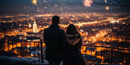 Young couple in love on the background of the city and fireworks.の素材