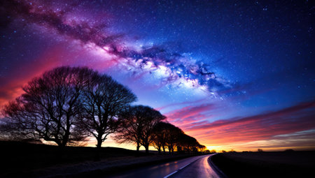 Milky Way over the road with silhouettes of trees at sunsetの素材
